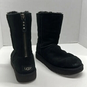 Ugg Boots Classic Short Zip Up Back Suede Shearling Lined Winter Boot Black 6